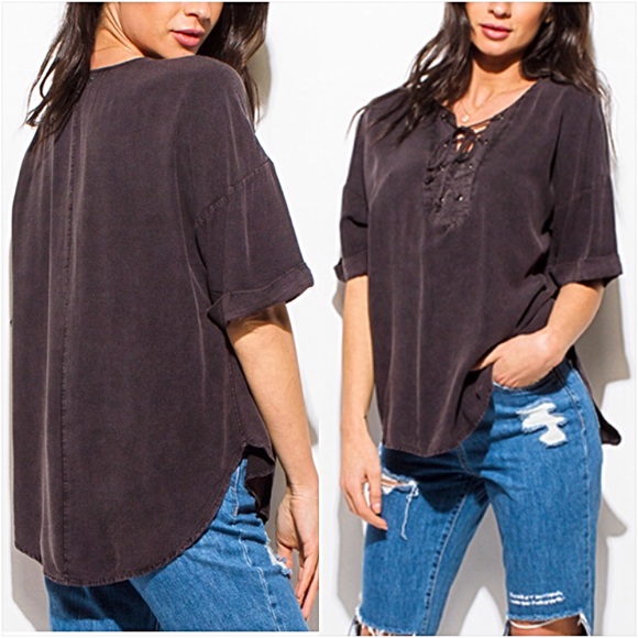 Relaxed Sexy Boho Lace Up Acid Wash Top SMLXL - Picture 6 of 7